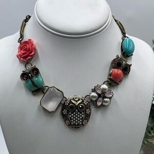 Betsey‎ Johnson 3D Owl Rose Faux Pearl Pink Blue Pendant Statement Necklace